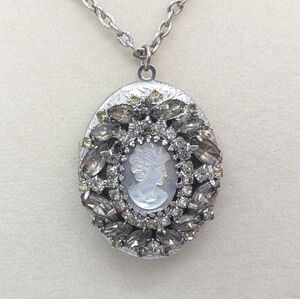 Vintage Hobé Rhinestone Cameo 1960s Locket Pendant Necklace